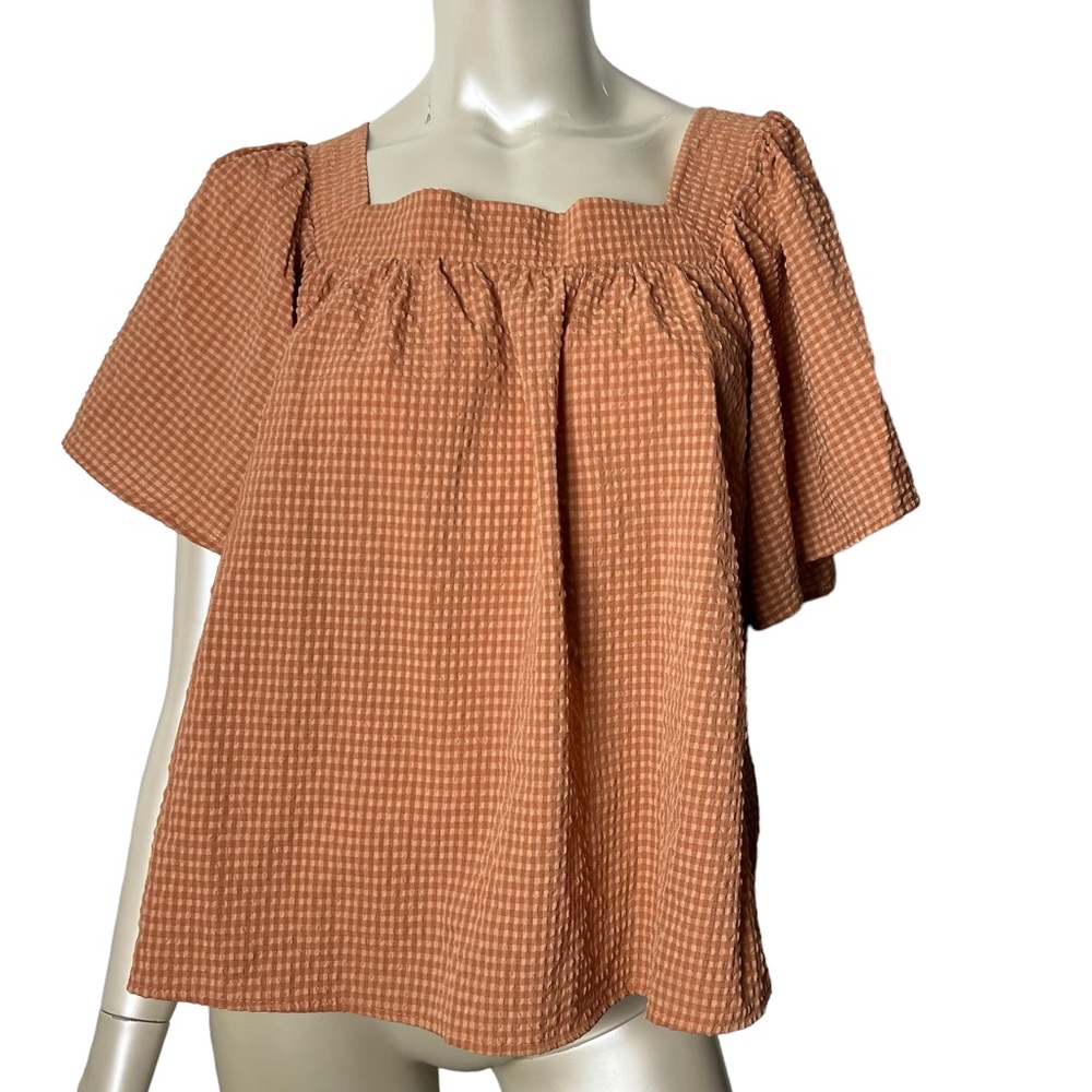 Womens Square Neck Puff Sleeve Top - Rust